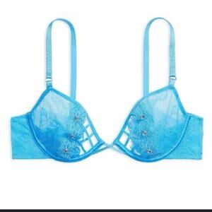 NWT Victorias secrete unlined blue lace grommet low cut bra sz 32 b